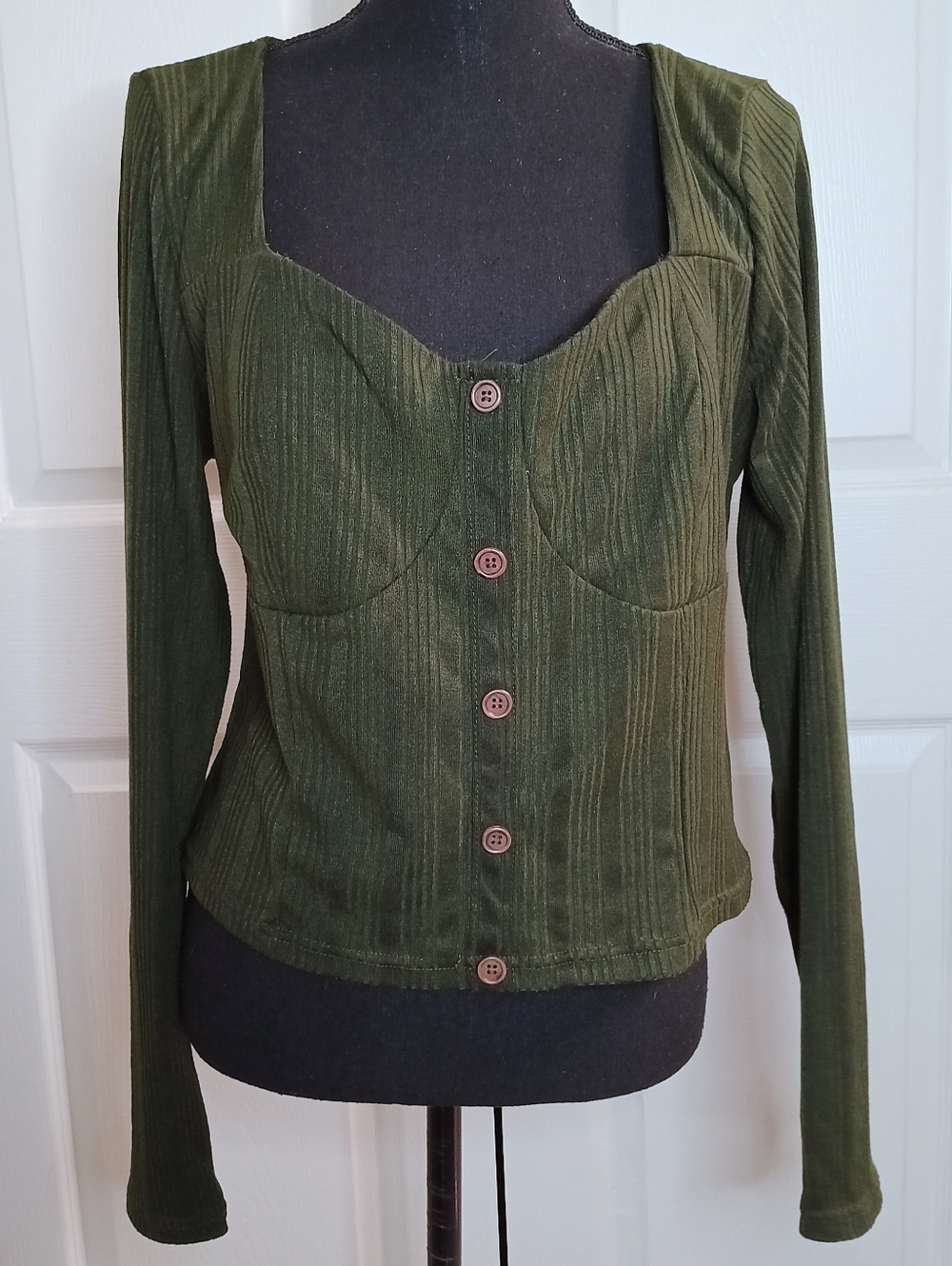 Fashion Nova‎ Olive Green Ribbed Button-Front Long Sleeve Top